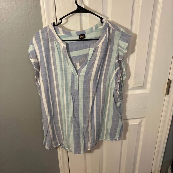 Lee Tops - Lee Multicolor Striped Shirt With Ruffle Sleeves Size 2X